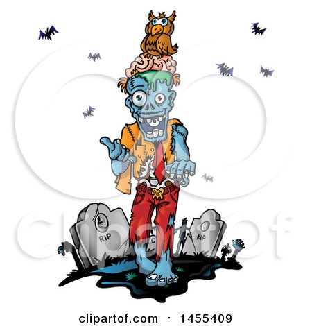 Clipart of a Cartoon Zombie with an Owl on His Brains in a Cemetery - Royalty Free Vector Illustration by Domenico Condello