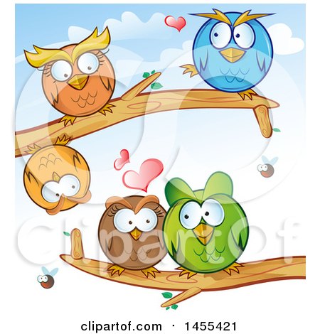 Clipart of Cartoon Owls on Tree Branches - Royalty Free Vector Illustration by Domenico Condello