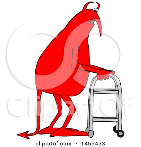 Clipart of a Cartoon Old Devil Using a Walker - Royalty Free Vector Illustration by djart