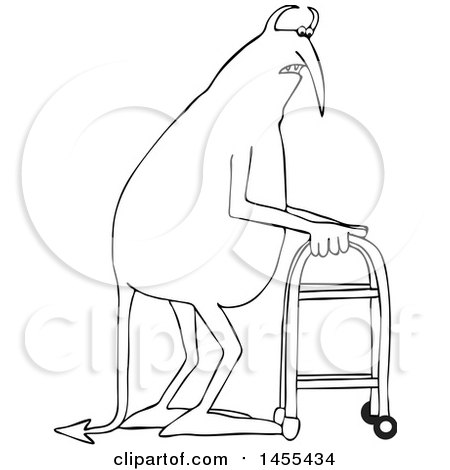 Clipart of a Cartoon Black and White Old Devil Using a Walker - Royalty Free Vector Illustration by djart
