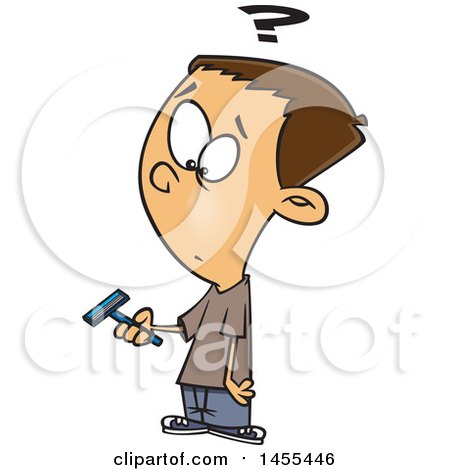 Clipart of a Cartoon White Boy Holding a Razor and Preparing to Shave for the First Time - Royalty Free Vector Illustration by toonaday
