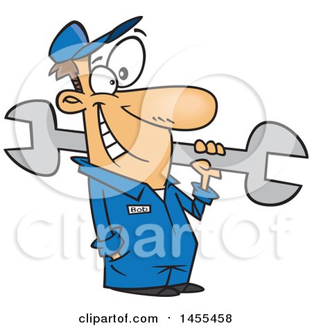 Clipart of a Cartoon Happy White Car Mechanic Guy Holding a Giant Wrench - Royalty Free Vector Illustration by toonaday