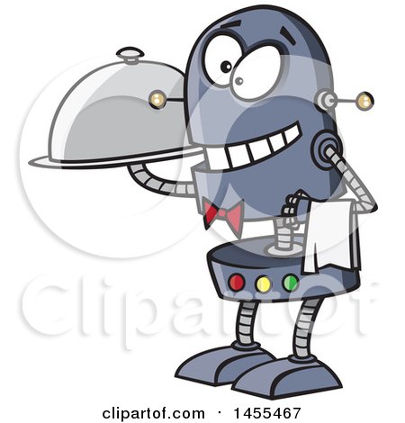 Clipart of a Cartoon Waiter Robot Holding a Cloche Platter - Royalty Free Vector Illustration by toonaday