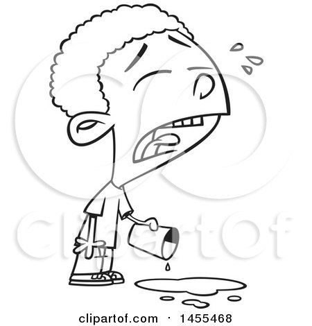 Clipart of a Cartoon Lineart Boy Crying over Spilled Milk - Royalty Free Vector Illustration by toonaday