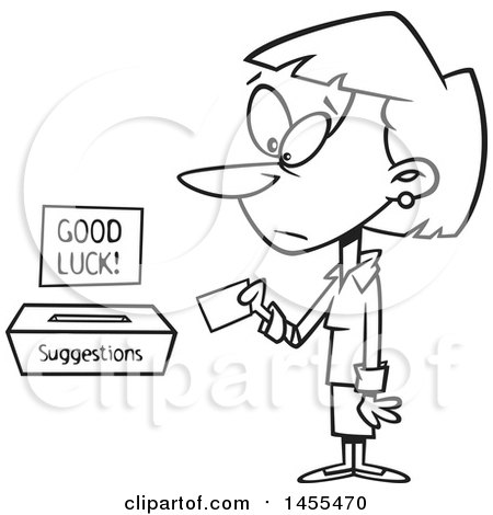 Clipart of a Cartoon Lineart Business Woman Putting a Note in a Suggestions Box - Royalty Free Vector Illustration by toonaday
