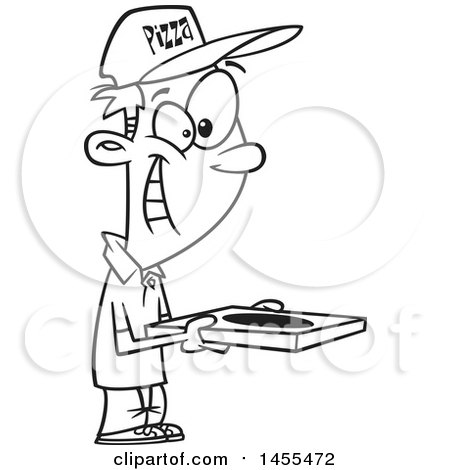 Clipart of a Cartoon Lineart Happy Pizza Delivery Guy Holding a Box - Royalty Free Vector Illustration by toonaday