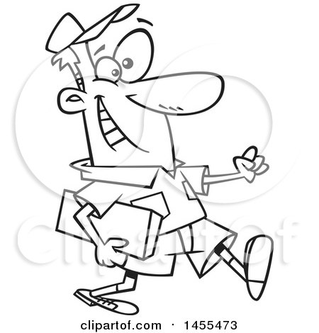 Clipart of a Cartoon Lineart Happy Male Courier Carrying a Parcel - Royalty Free Vector Illustration by toonaday