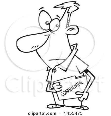 Clipart of a Cartoon Lineart Business Man Carrying a Confidential File Folder - Royalty Free Vector Illustration by toonaday