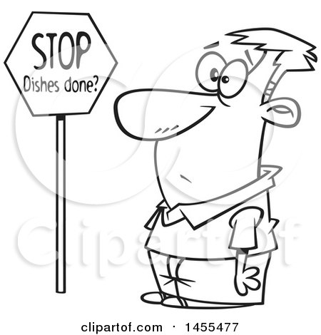 Clipart of a Cartoon Lineart Man Looking at a Stop Dishes Done Sign - Royalty Free Vector Illustration by toonaday
