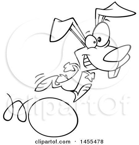 Clipart of a Cartoon Lineart Easter Bunny Running on and Rolling an Egg - Royalty Free Vector Illustration by toonaday