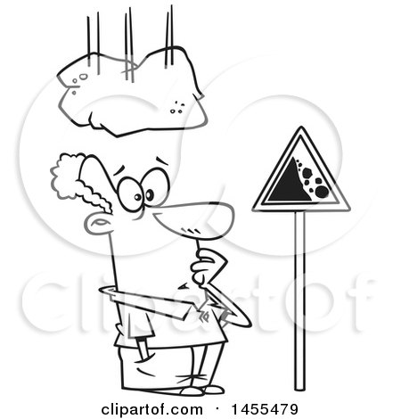Clipart of a Cartoon Lineart Boulder Falling on a Man Staring at a Sign - Royalty Free Vector Illustration by toonaday