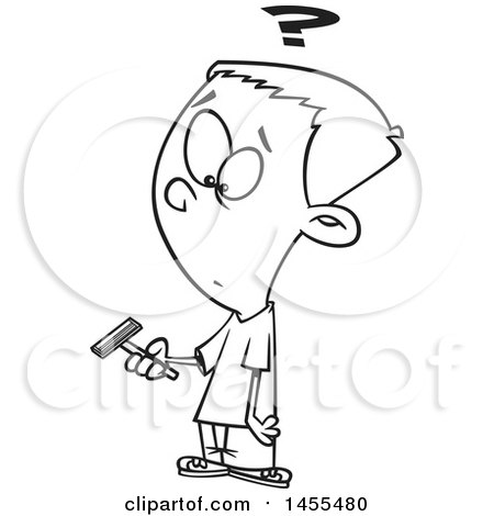 Clipart of a Cartoon Lineart Boy Holding a Razor and Preparing to Shave for the First Time - Royalty Free Vector Illustration by toonaday