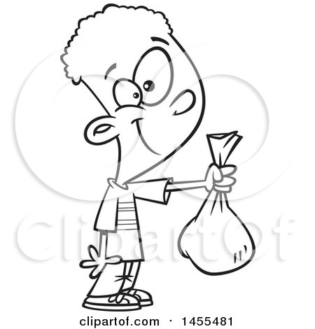 Clipart of a Cartoon Lineart Boy Holding out a Bag - Royalty Free Vector Illustration by toonaday