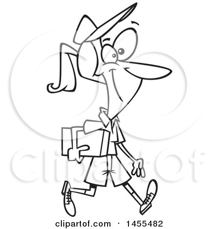 Clipart of a Cartoon Lineart Happy Woman Mail Courier Carrying a Parcel - Royalty Free Vector Illustration by toonaday