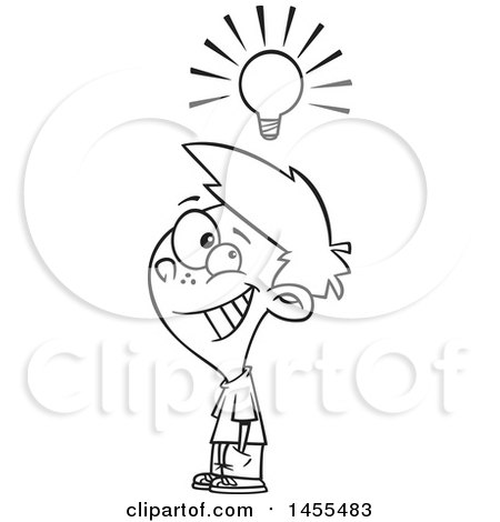 Clipart of a Cartoon Lineart Smart Boy Under a Light Bulb - Royalty Free  Vector Illustration by toonaday #1455483