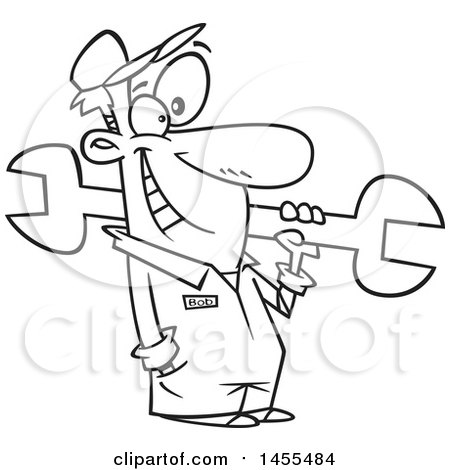 Clipart of a Cartoon Lineart Happy Car Mechanic Guy Holding a Giant Wrench - Royalty Free Vector Illustration by toonaday