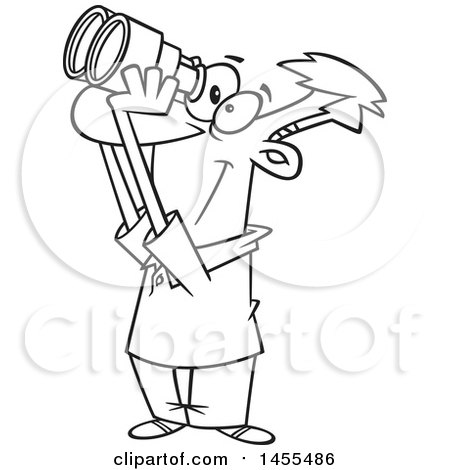 Clipart of a Cartoon Lineart Happy Guy Looking Through Binoculars - Royalty Free Vector Illustration by toonaday