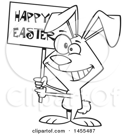 Clipart of a Cartoon Lineart Bunny Holding a Happy Easter Sign - Royalty Free Vector Illustration by toonaday