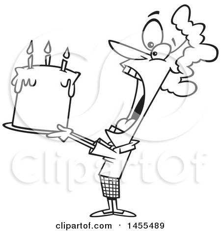 Clipart of a Cartoon Lineart Lady Swallowing an Entire Birthday Cake - Royalty Free Vector Illustration by toonaday