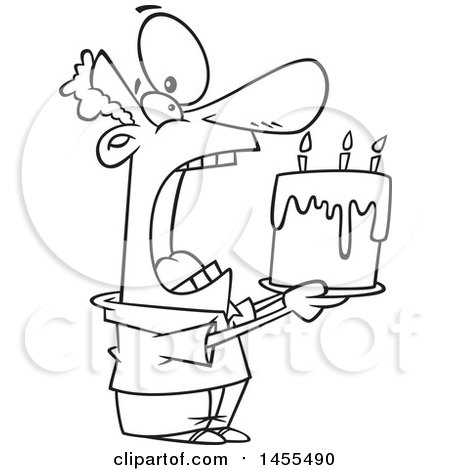 Clipart of a Cartoon Lineart Man Swallowing an Entire Birthday Cake - Royalty Free Vector Illustration by toonaday