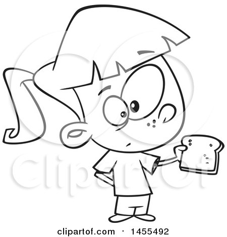 Clipart of a Cartoon Lineart Girl Holding a Slice of Bread - Royalty Free Vector Illustration by toonaday