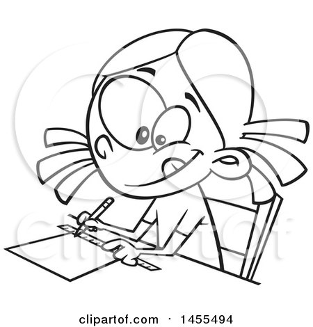 Clipart of a Cartoon Lineart School Girl Measuring with a Ruler - Royalty Free Vector Illustration by toonaday