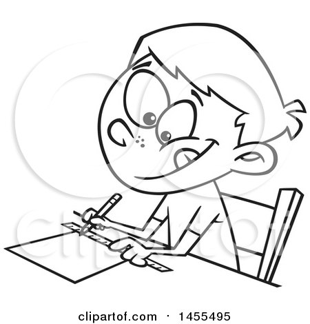 Clipart of a Cartoon Lineart School Boy Measuring with a Ruler - Royalty Free Vector Illustration by toonaday