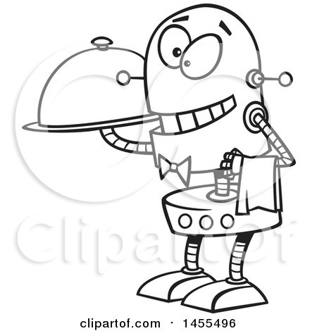 Clipart of a Cartoon Lineart Waiter Robot Holding a Cloche Platter - Royalty Free Vector Illustration by toonaday