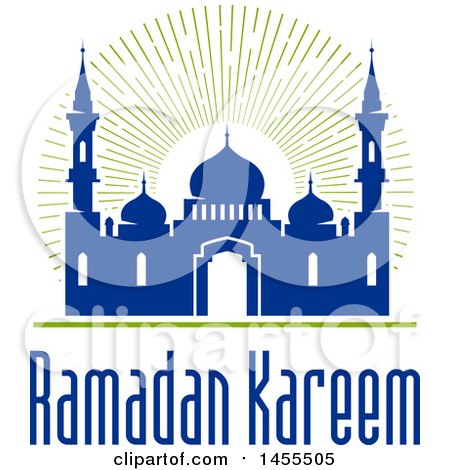 Clipart of a Blue and Green Ramadan Kareem Design with a Mosque and Text - Royalty Free Vector Illustration by Vector Tradition SM