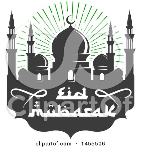 Clipart of a Green and Dark Gray Eid Mubarak Design with a Mosque and Text - Royalty Free Vector Illustration by Vector Tradition SM