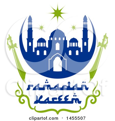 Clipart of a Blue and Green Ramadan Kareem Design with a Mosque, Swords and Text - Royalty Free Vector Illustration by Vector Tradition SM