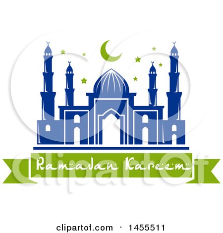 Clipart of a Blue and Green Ramadan Kareem Design with a Mosque and Text - Royalty Free Vector Illustration by Vector Tradition SM