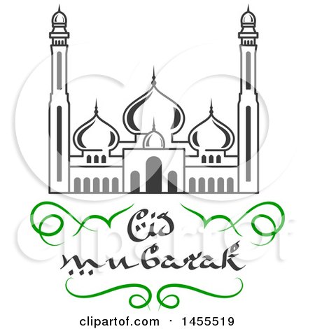 Clipart of a Green and Dark Gray Eid Mubarak Design with a Mosque and Text - Royalty Free Vector Illustration by Vector Tradition SM