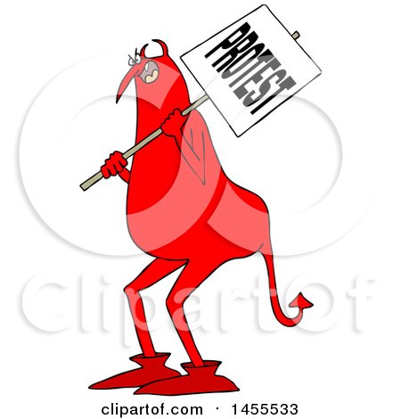 Clipart of a Cartoon Chubby Red Devil Protestor Holding a Sign - Royalty Free Vector Illustration by djart