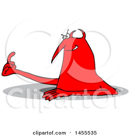 Clipart of a Cartoon Chubby Red Devil Emerging from a Hole and Beckoning - Royalty Free Vector Illustration by djart