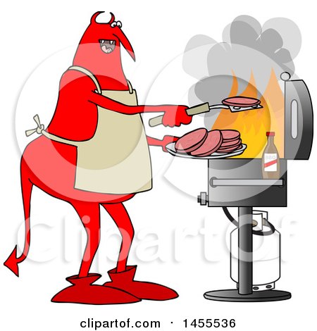 Clipart of a Cartoon Chubby Red Devil Grilling Aon a Bbq - Royalty Free Vector Illustration by djart