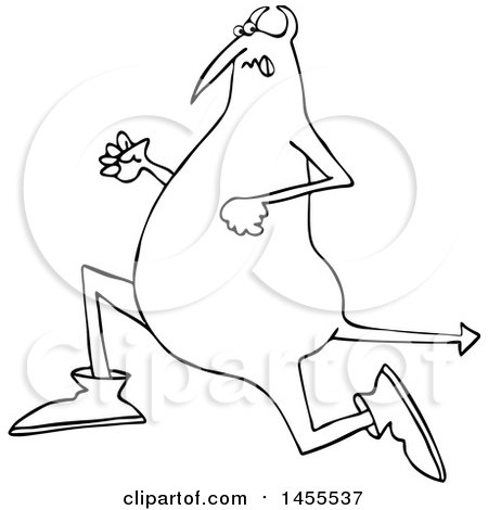 Clipart of a Cartoon Black and White Chubby Devil Running - Royalty Free Vector Illustration by djart