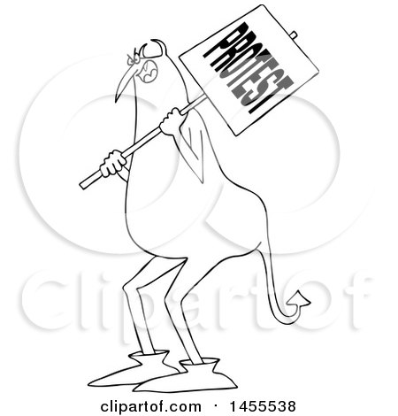 Clipart of a Cartoon Black and White Chubby Devil Protestor Holding a Sign - Royalty Free Vector Illustration by djart