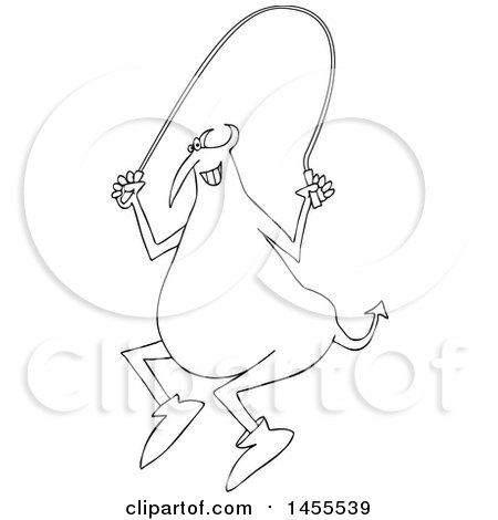 Clipart of a Cartoon Black and White Chubby Devil Using a Jump Rope - Royalty Free Vector Illustration by djart