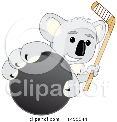 Clipart of a Koala Bear School Mascot Character Holding a Hockey Stick and Grabbing a Puck - Royalty Free Vector Illustration by Mascot Junction
