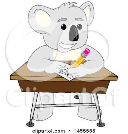 Clipart of a Koala Bear School Mascot Character Student Writing at a Desk - Royalty Free Vector Illustration by Mascot Junction