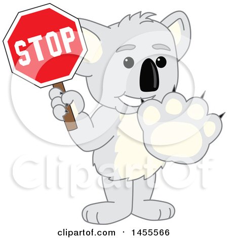 Clipart of a Koala Bear School Mascot Character Gesturing Stop and Holding a Sign - Royalty Free Vector Illustration by Mascot Junction