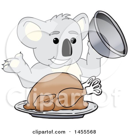 Clipart of a Koala Bear School Mascot Character Serving a Roasted Thanksgiving Turkey - Royalty Free Vector Illustration by Mascot Junction