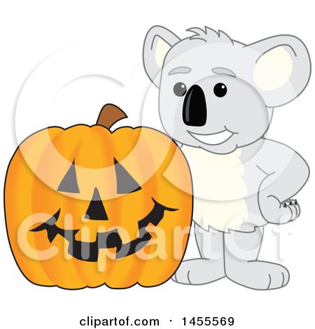 Clipart of a Koala Bear School Mascot Character with a Halloween Jackolantern Pumpkin - Royalty Free Vector Illustration by Mascot Junction