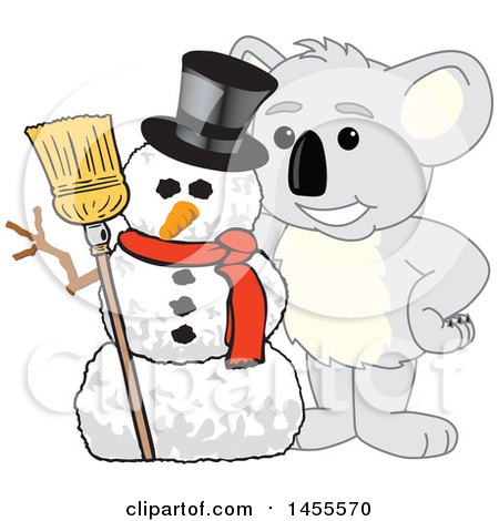 Clipart of a Koala Bear School Mascot Character with a Christmas Winter Snowman - Royalty Free Vector Illustration by Mascot Junction