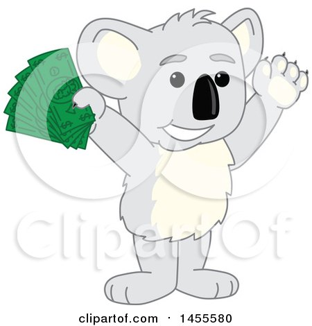 Clipart of a Koala Bear School Mascot Character Holding up Cash Money - Royalty Free Vector Illustration by Mascot Junction