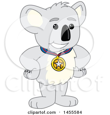 Clipart of a Koala Bear School Mascot Character Champion Wearing a Medal - Royalty Free Vector Illustration by Mascot Junction