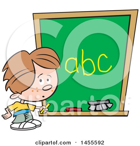 Cartoon Caucasian School Boy Writing the Alphabet on a Chalkboard