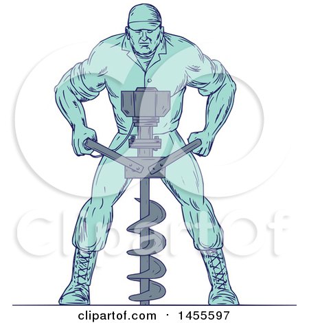 Clipart of a Drawing Sketched Styled Construction Worker Operating an Auger Drill - Royalty Free Vector Illustration by patrimonio