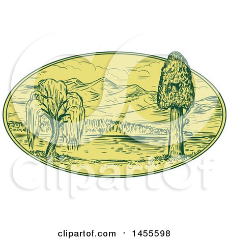 Clipart of a Drawing Sketched Styled Willow and Squioa Tree with a Lake and Mountains in an Oval - Royalty Free Vector Illustration by patrimonio